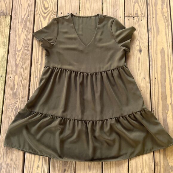 Shein Vcay Solid Ruffle Hem Smock Dress - V Neck - Army Green - Women's Size Lg - Picture 1 of 4